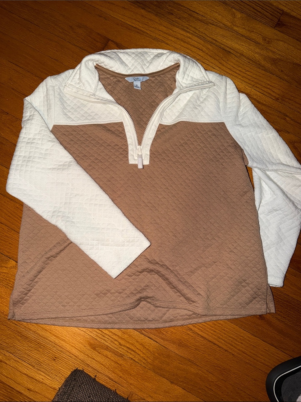 Quilted Half-Zip Pullover Sweater - Cream & Brown women’s medium lightweight